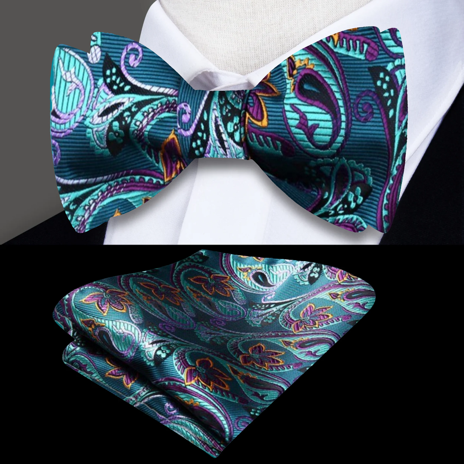 Aqua and Purple Paisley Bow Tie and Pocket Square