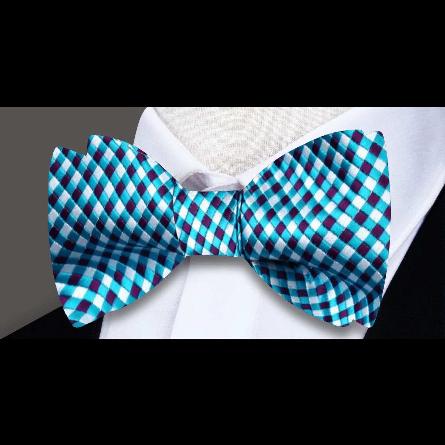 A Aqua, Purple, White Small Geometric Check Pattern Silk Self Tie Bow Tie 