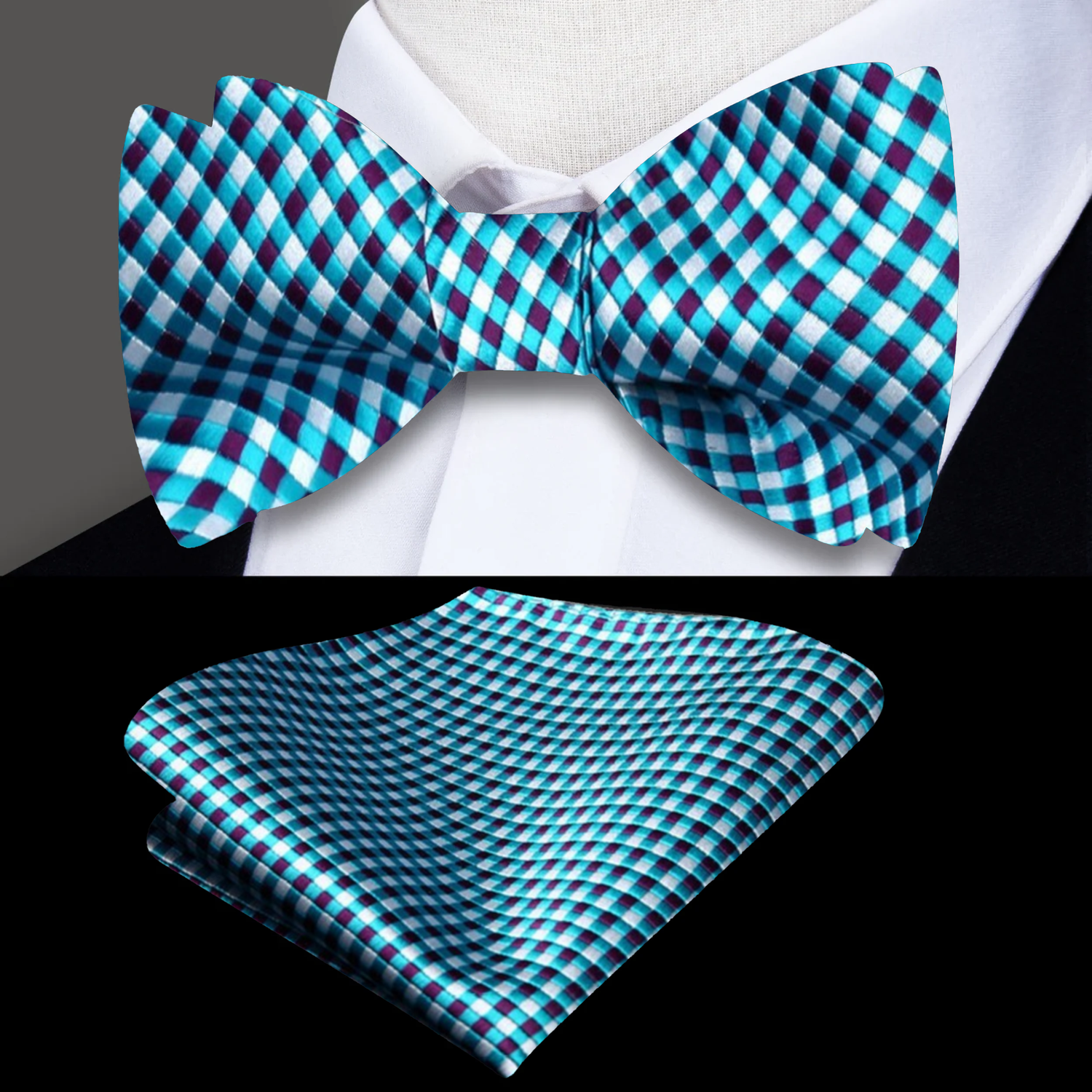 A Aqua, Purple, White Small Geometric Check Pattern Self Tie Bow Tie, Pocket Square