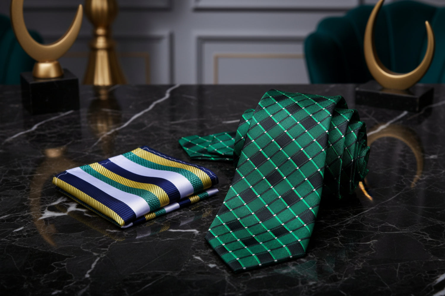 Alt View: Green Geometric Necktie and Accenting Blue, White, Yellow and Green Stripe Square