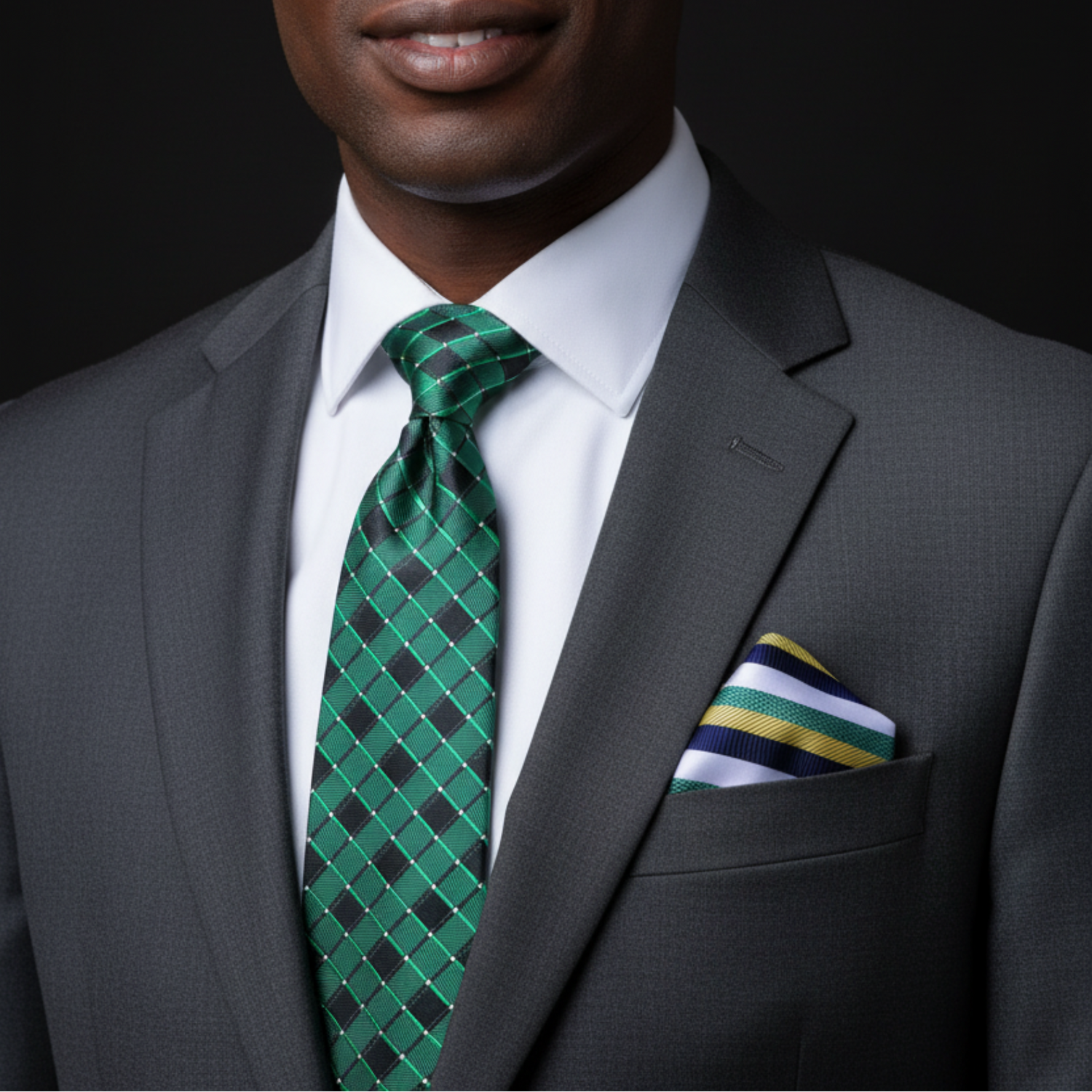 Man wearing a gray suit with a green tie and striped pocket square on a black background