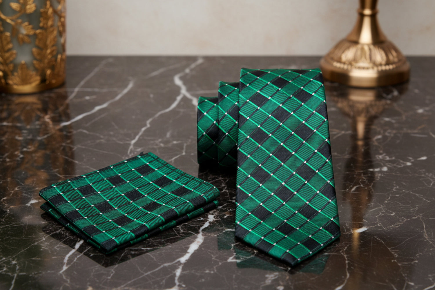 Alt View: Green Geometric Necktie and Accenting Blue, White, Yellow and Green Stripe Square