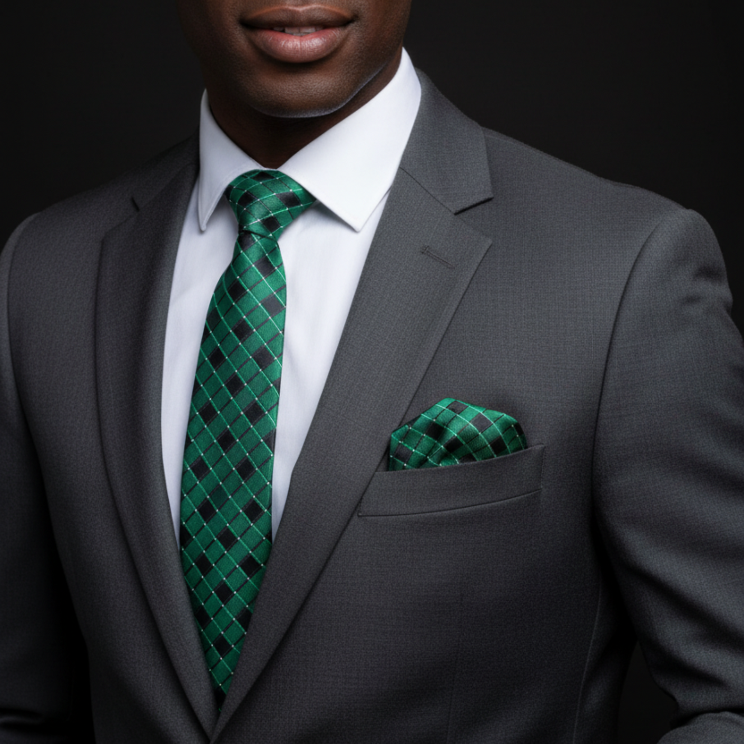 Man wearing a gray suit with a green checkered tie and pocket square on a black background