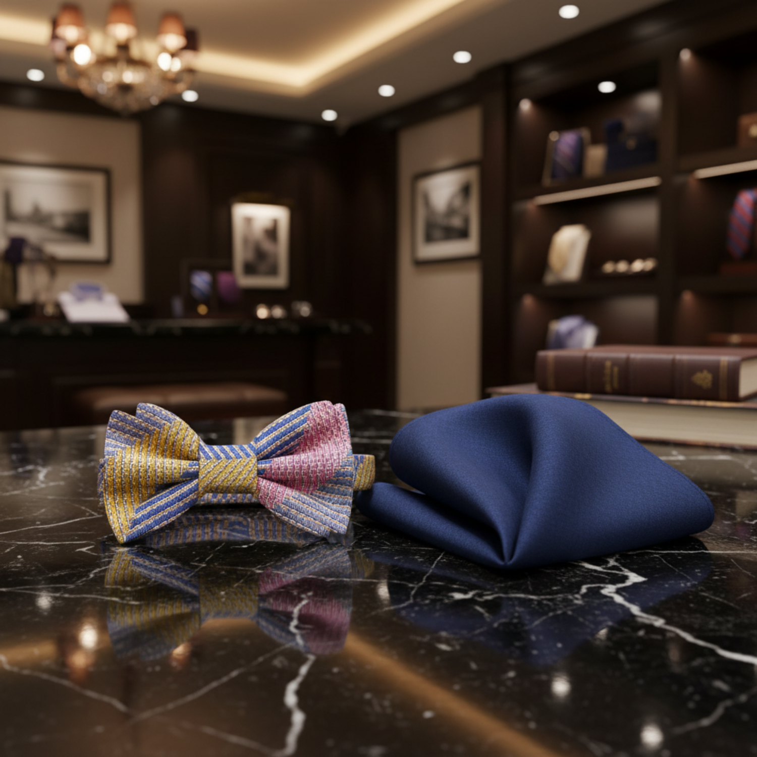 Blue, Yellow, Pink Stripe Bow Tie and Blue Square