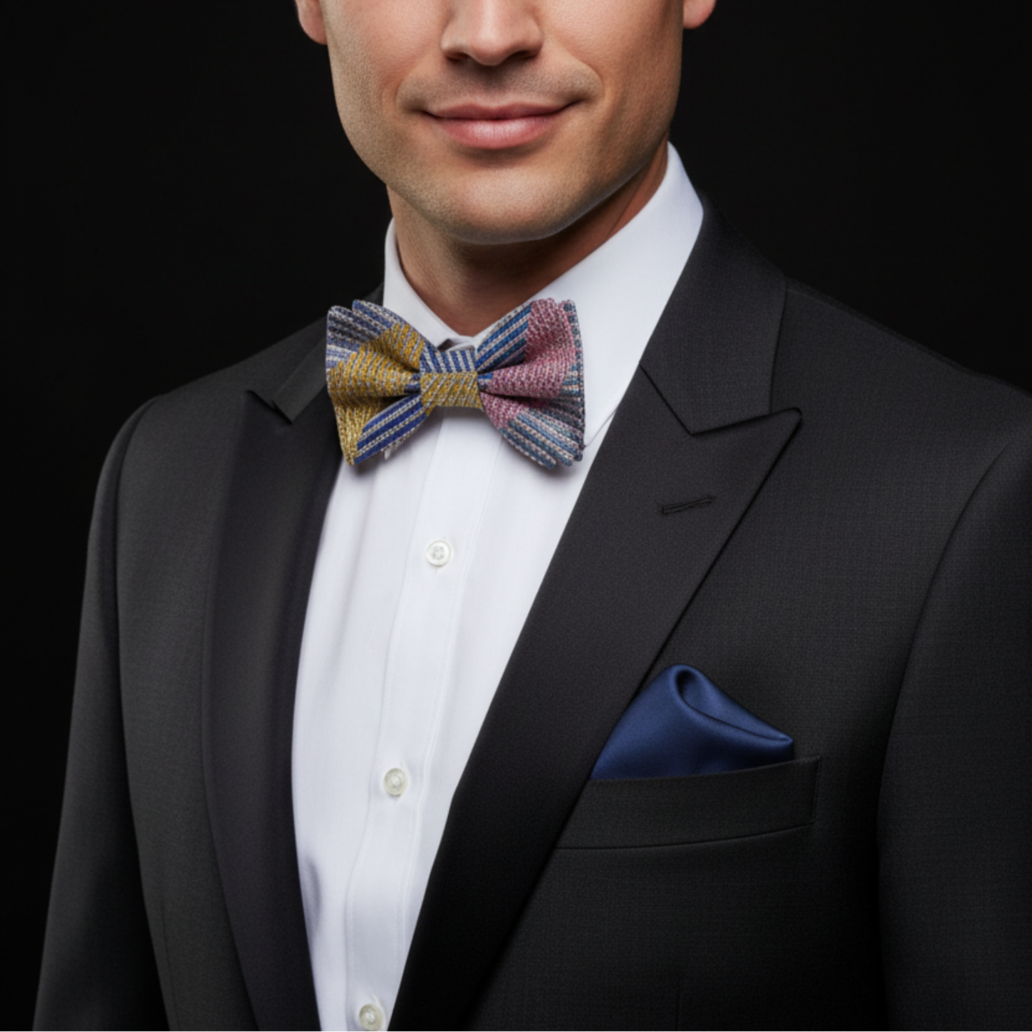 Man wearing blue, yellow, pink stripe bow tie and square on suit
