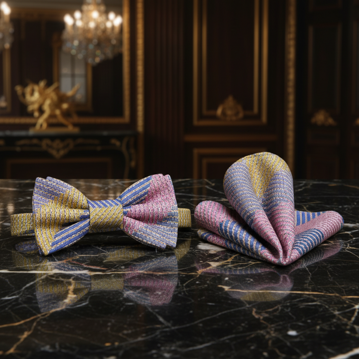 Blue, Yellow, Pink Stripe Bow Tie And Pocket Square