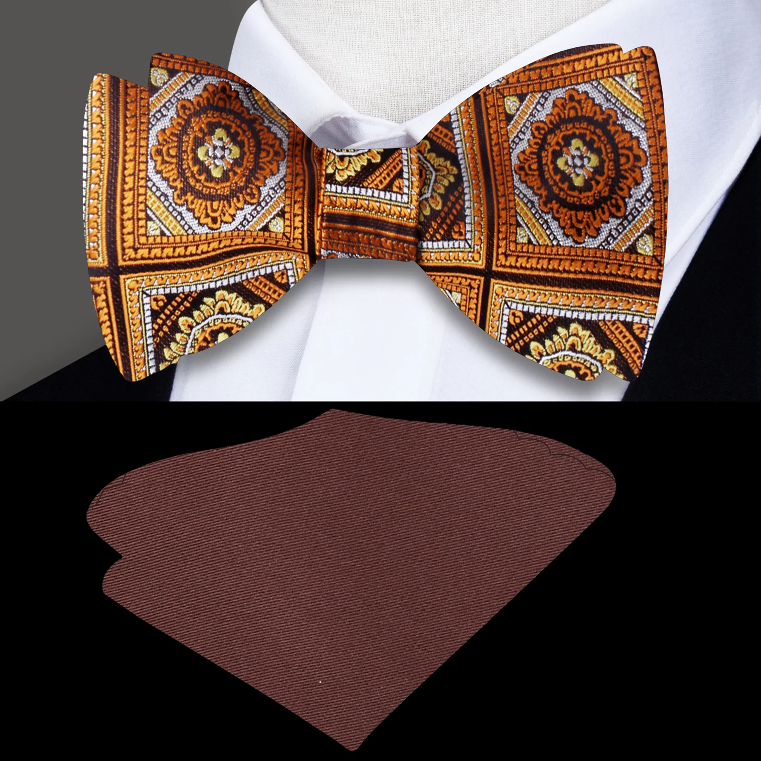 Decorative bow tie and brown pocket square on a mannequin with a white shirt.