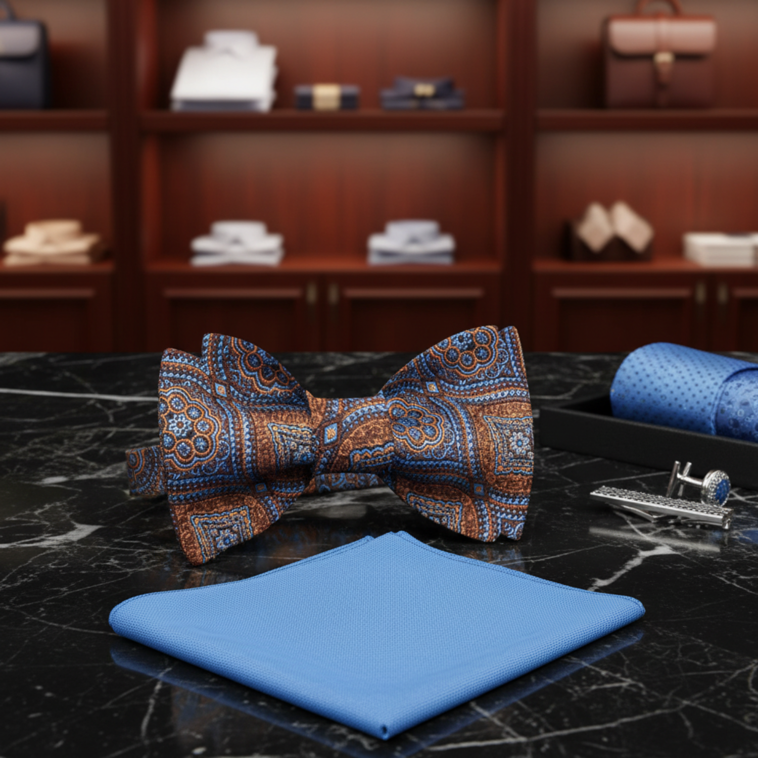 Brown, Orange, Light Blue Geometric Bow Tie and Light Blue  Square