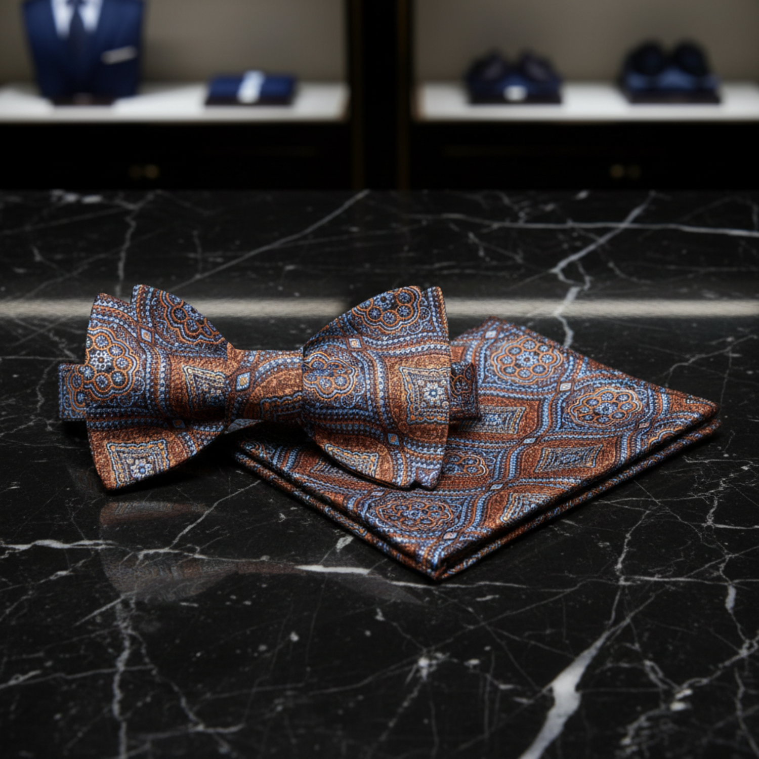 Brown, Orange, Light Blue Geometric Bow Tie and Matching Square