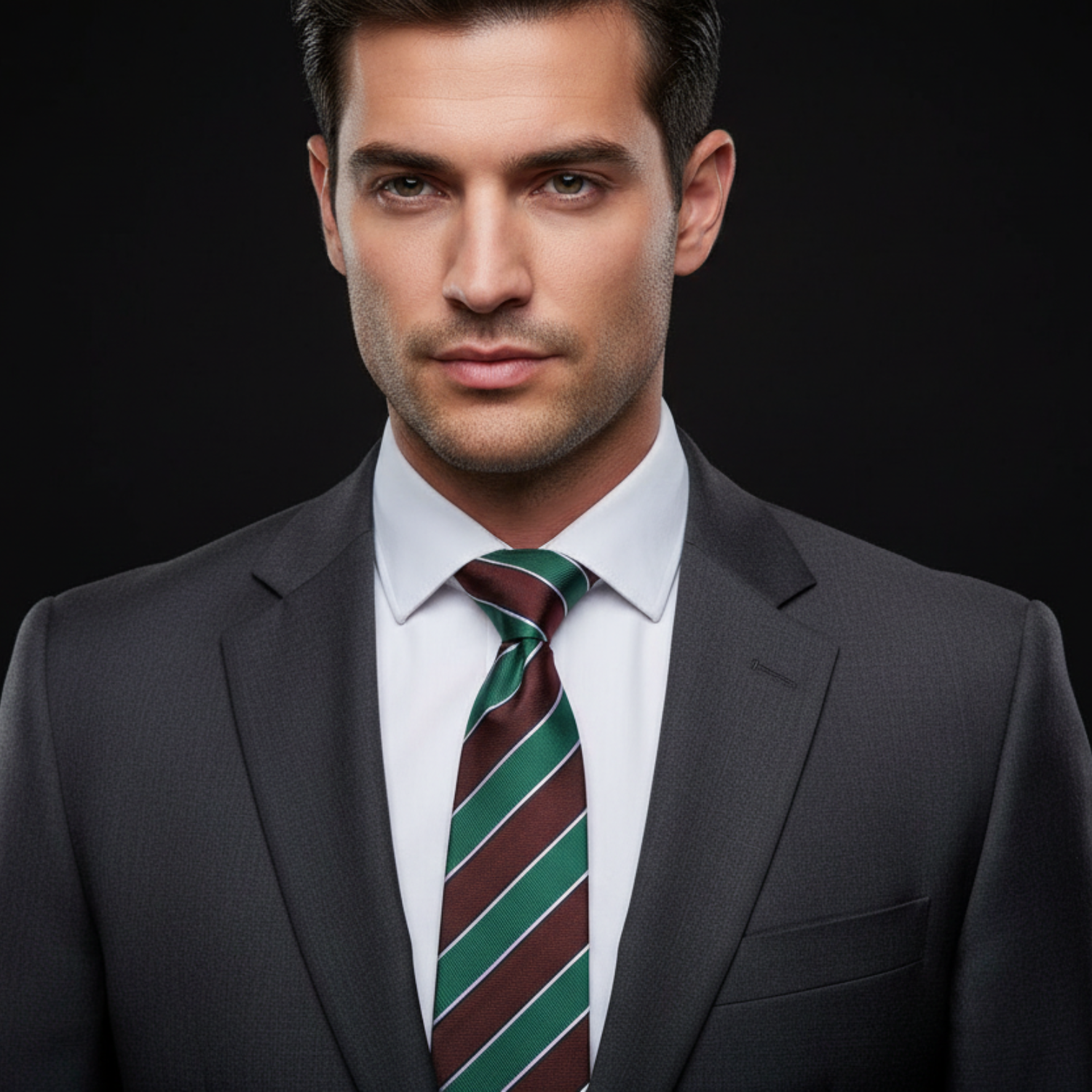 Man wearing a dark suit with a striped tie against a black background