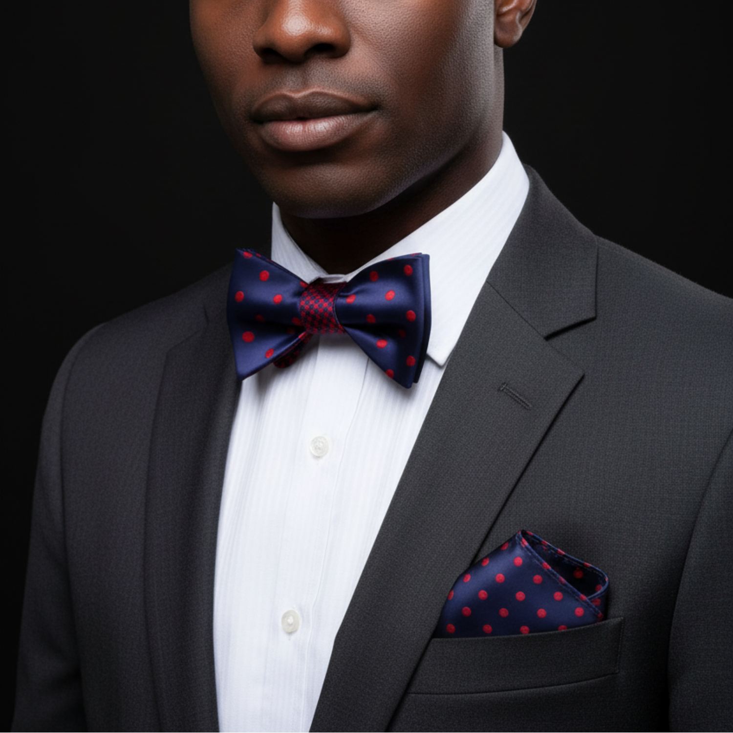man wearing blue and red reversible bow tie and square