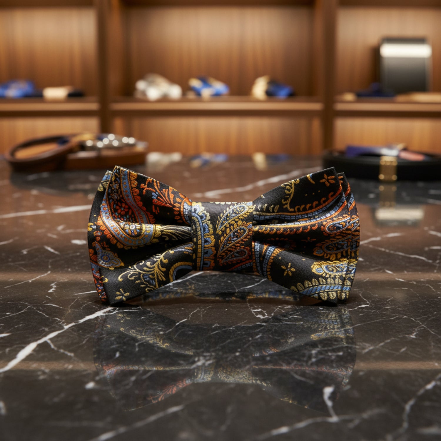 Black Orange Yellow Light Blue Big Paisley Bow Tie Pre Tied