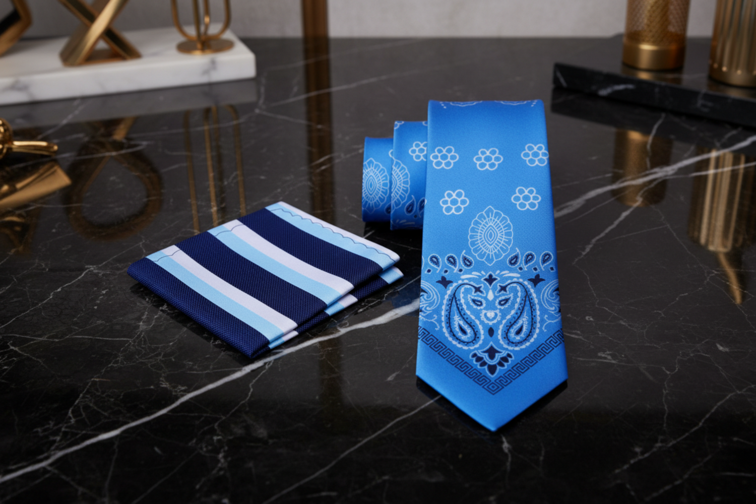 Blue Paisley Necktie and Accenting Shades of Blue and White Square