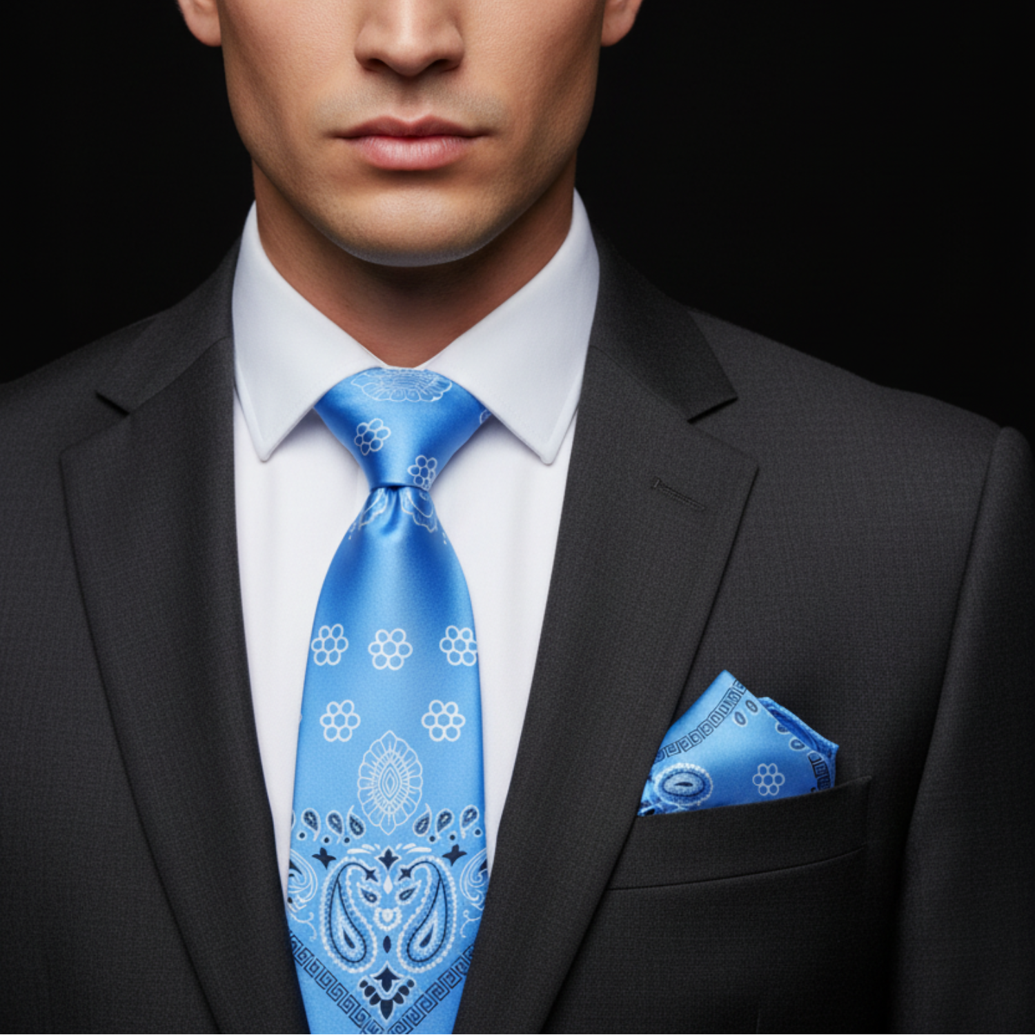 Man wearing a black suit with a blue patterned tie and pocket square on a dark background