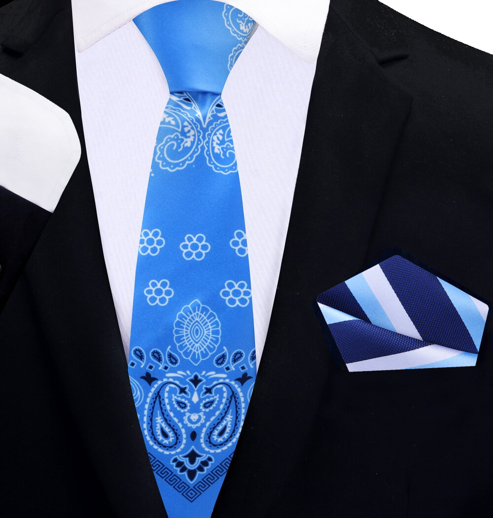 Light Blue Paisley Necktie | White & Black Bandana Pattern