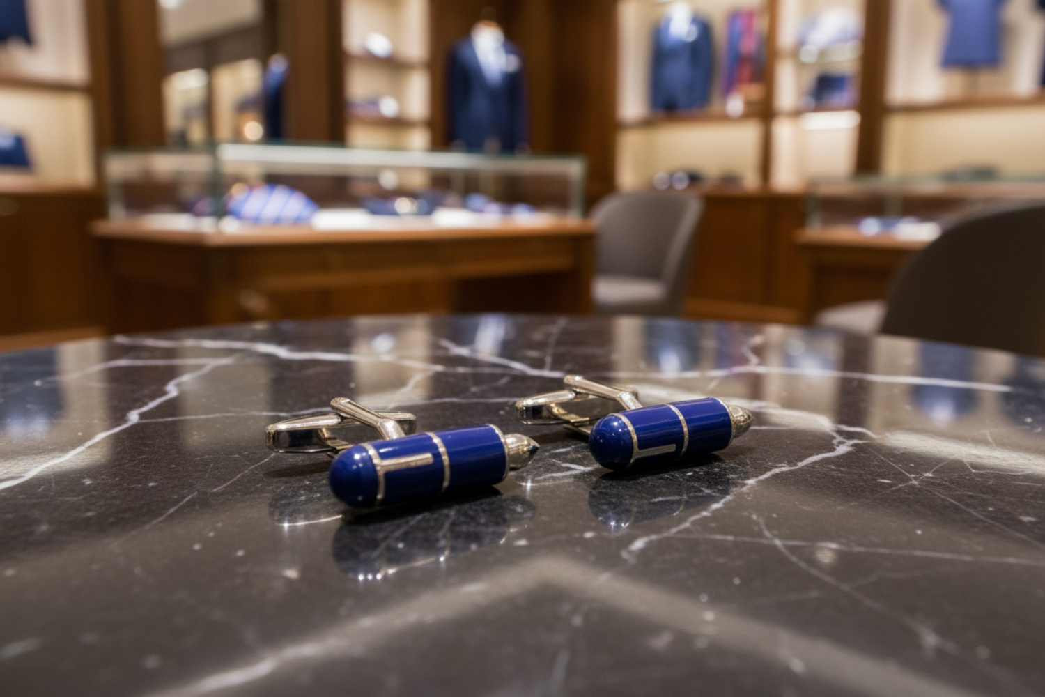 A pair of silver fountain pen cufflinks with blue enamel accents, placed on a wooden surface with foliage in the background.