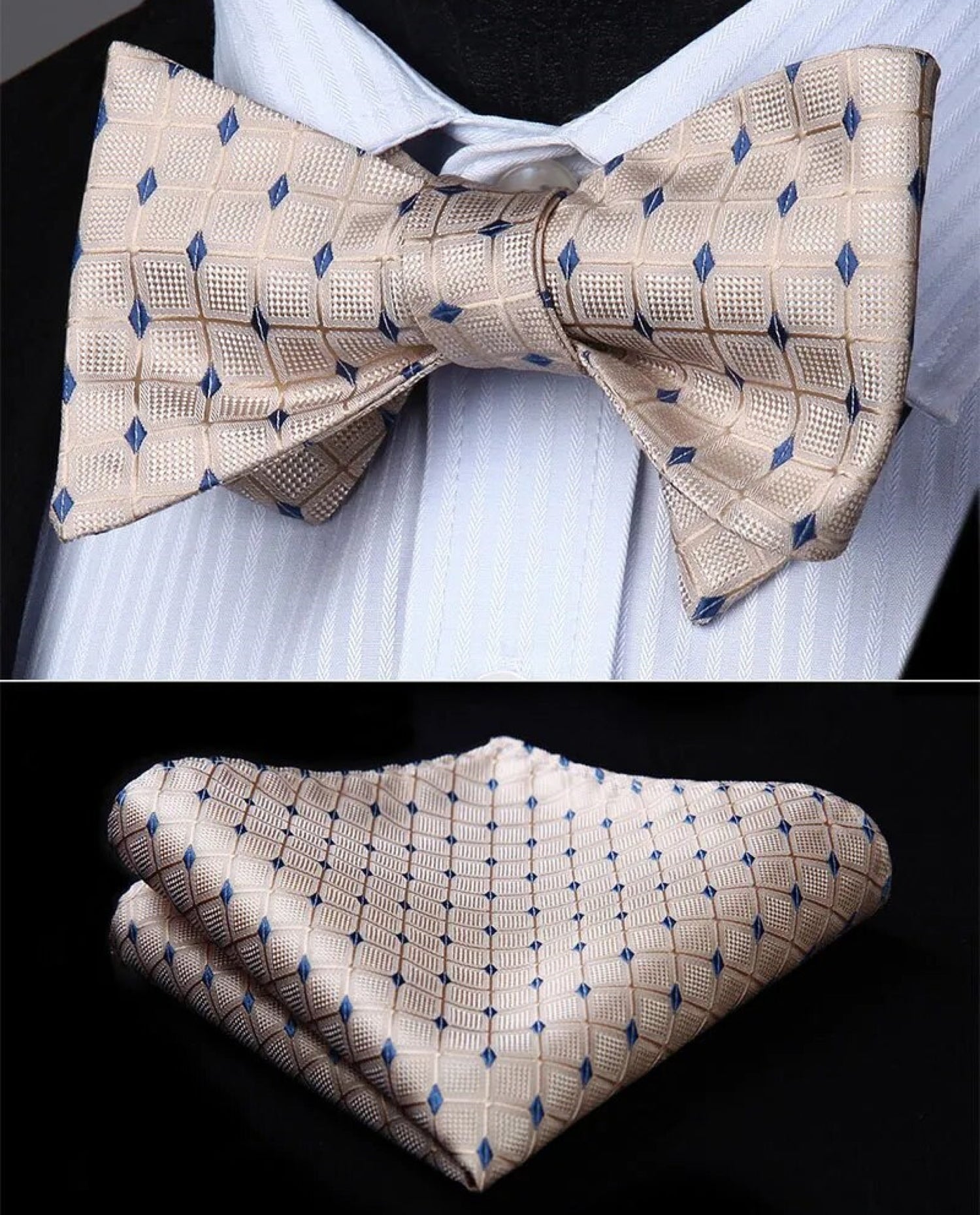 Main View: Cream Blue Geometric Check Pattern Self Tie Bow Tie, Matching Pocket Square||Cream