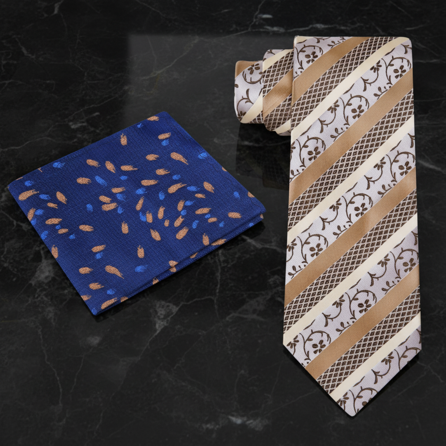 Alt Cream, Light Brown, Golden Brown Stripe and Vine Necktie and Accenting Dark Blue Square