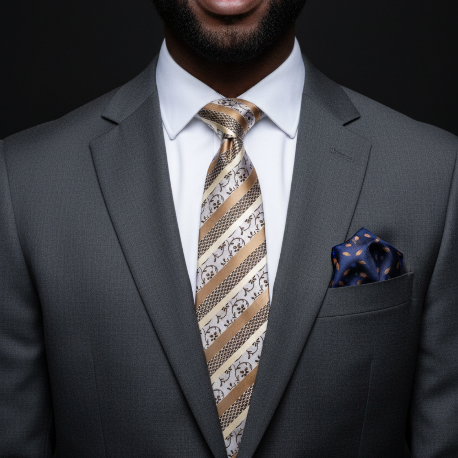 Light Golden Brown, Beige, & Cream Floral Vine Stripe Necktie