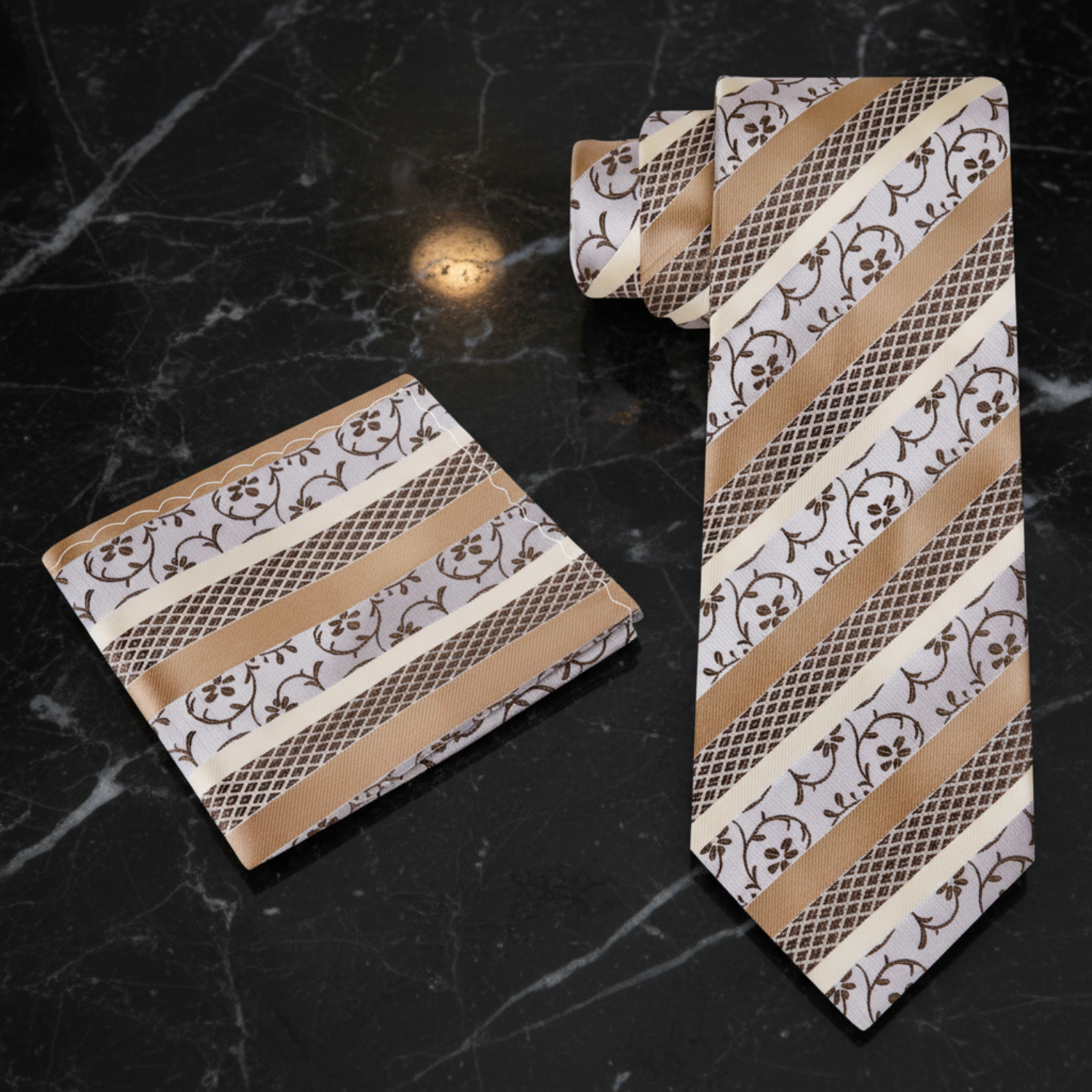 Alt Cream, Light Brown, Golden Brown Stripe and Vine Necktie and Square