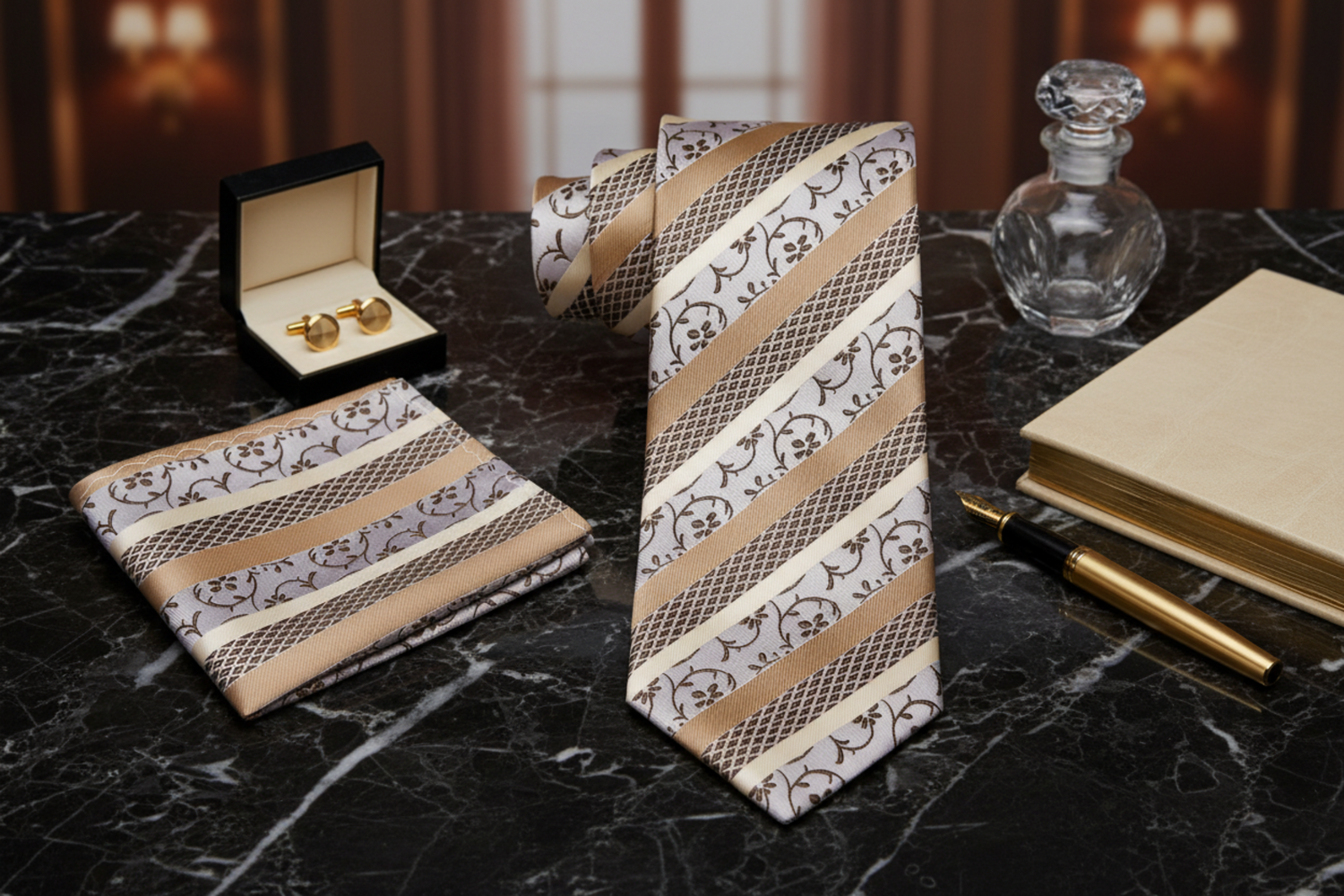 Tie and pocket square set with brown and white pattern on a background