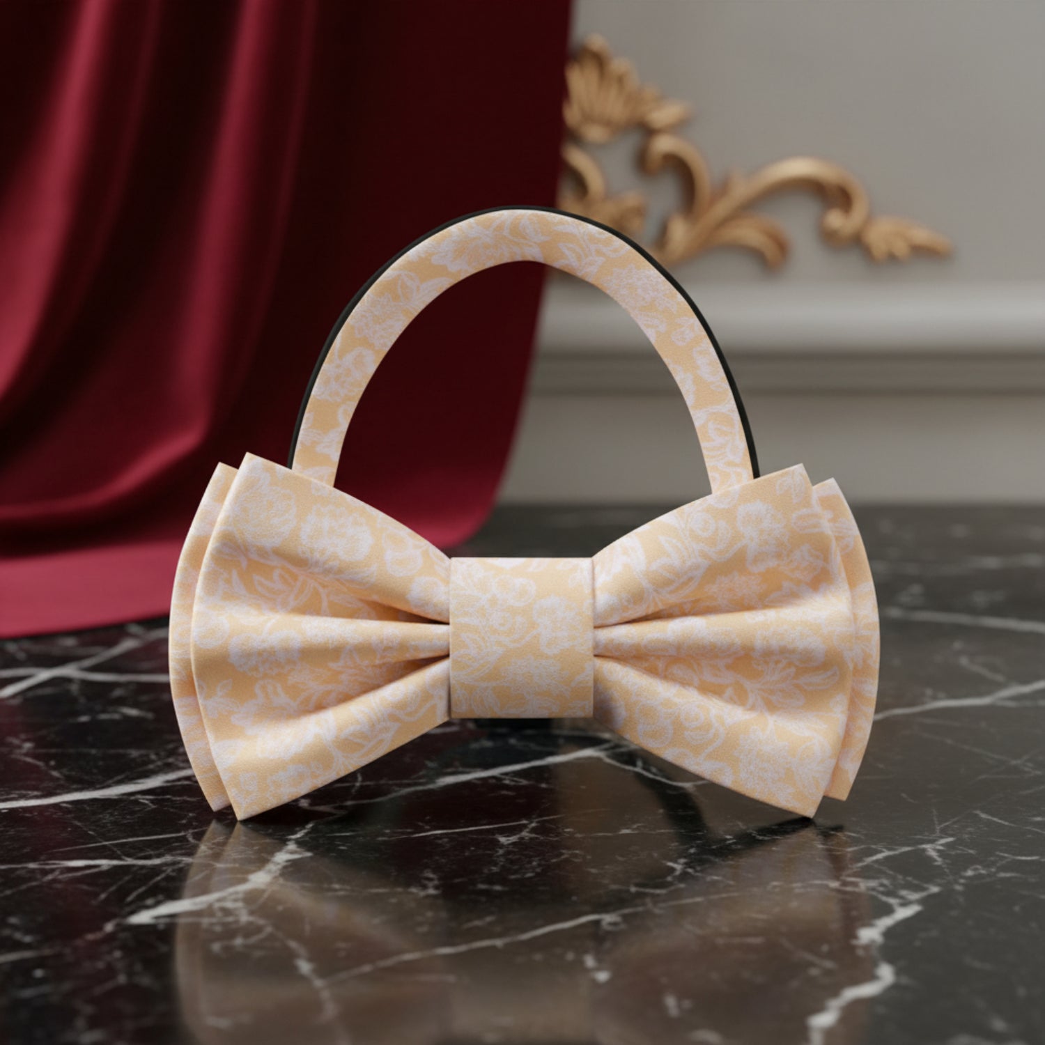 Beige Filigree Floral Pre Tied Bow Tie