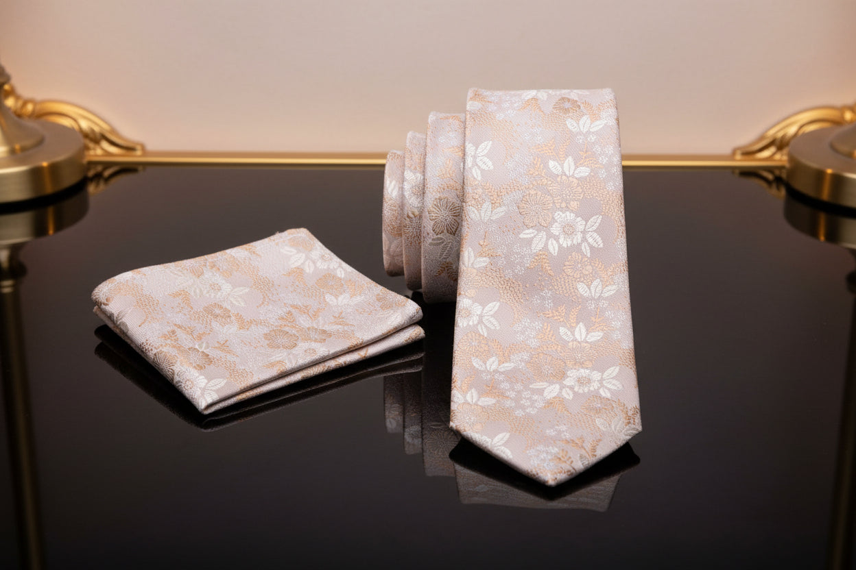 Floral-patterned tie and pocket square on a reflective surface with a blurred background