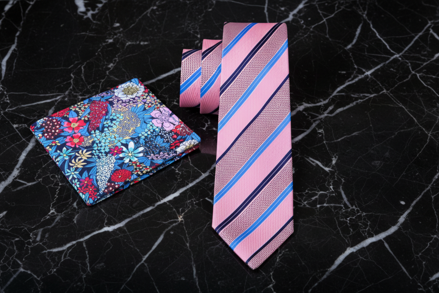 Alt Pink with small blue stripes necktie thin and accenting square