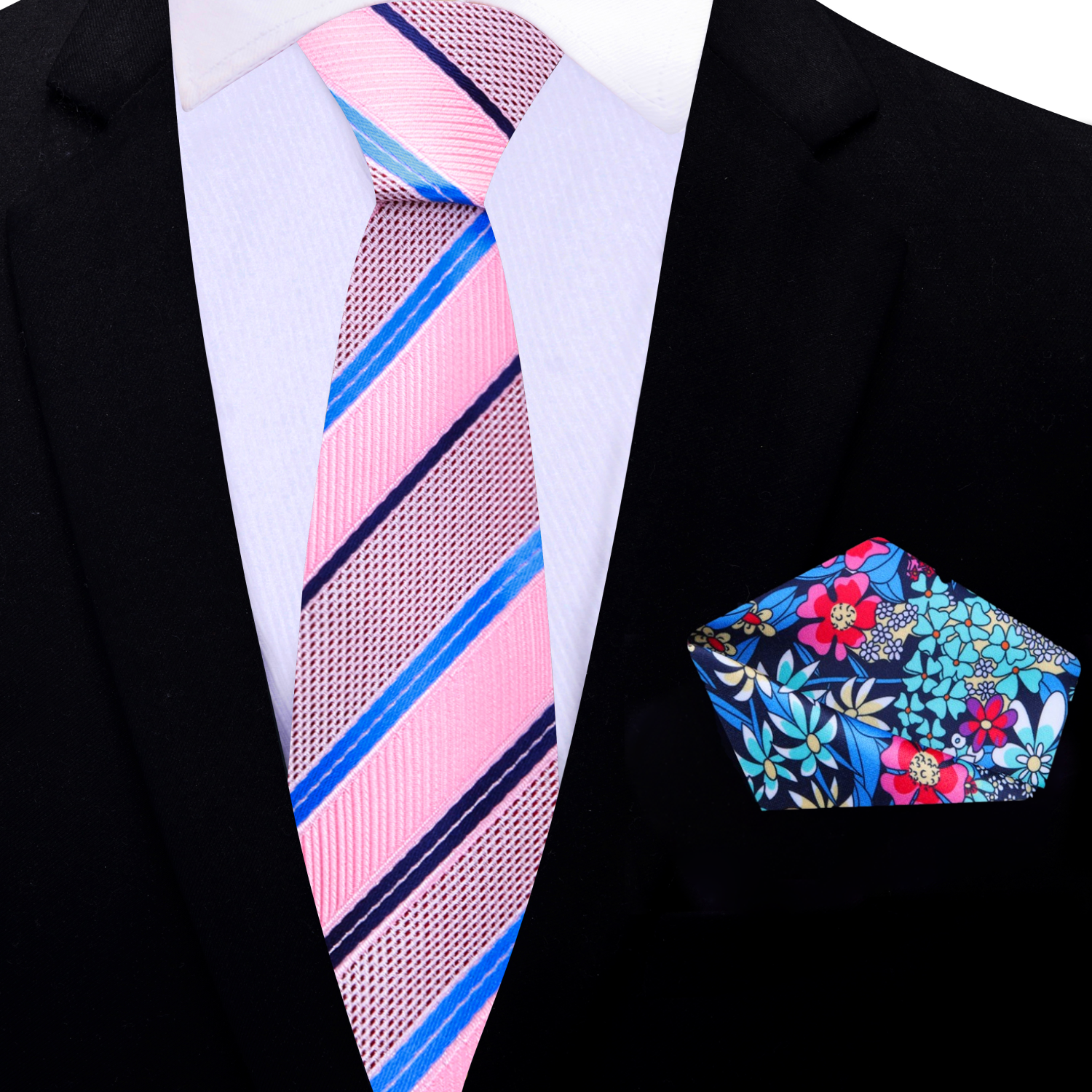 Pink with small blue stripes necktie thin and accenting square