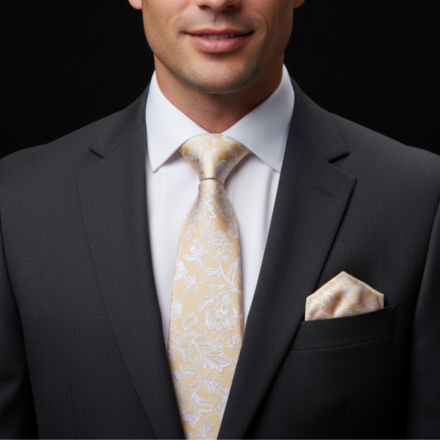 Cream and white floral tie and square on man