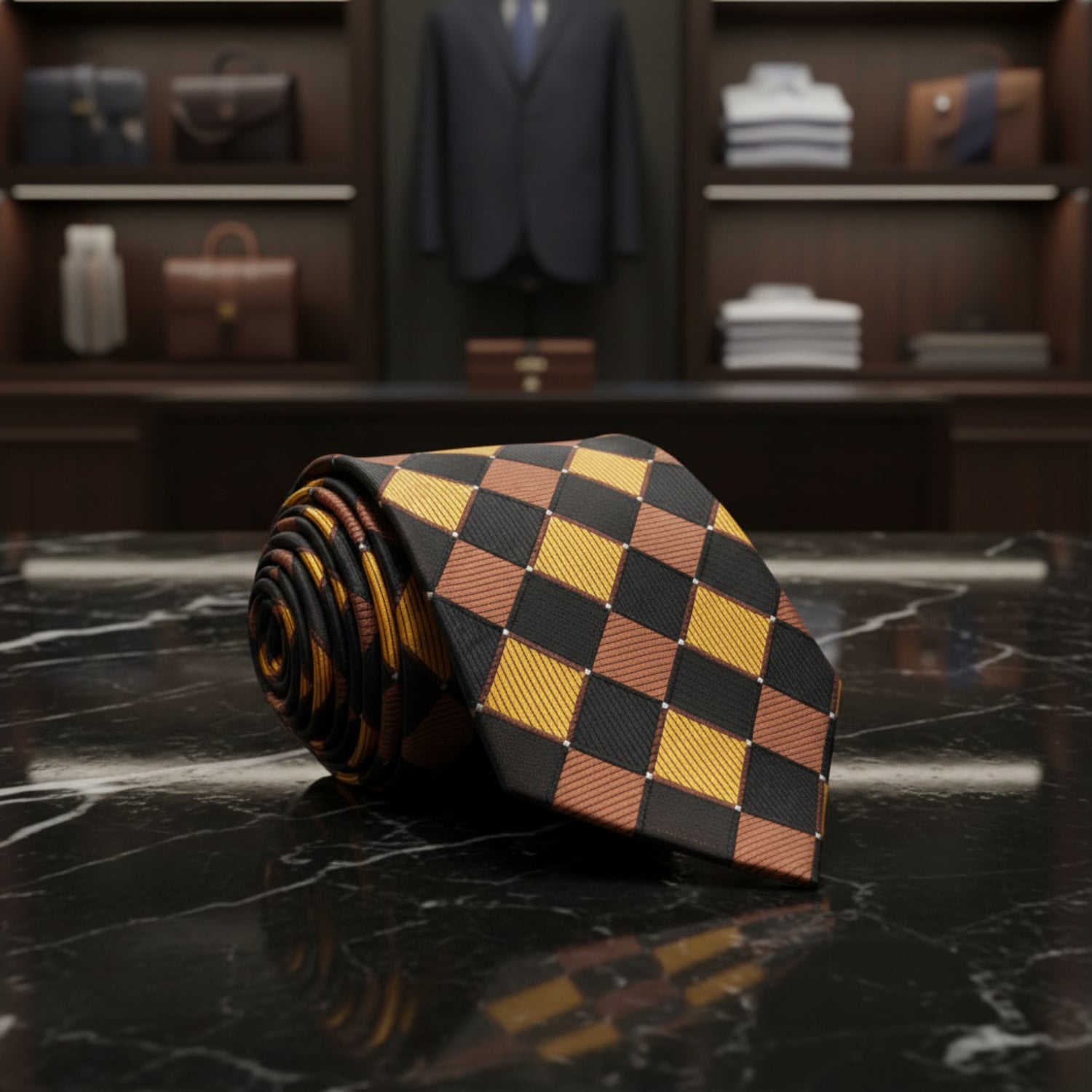 brown, gold and black geometric necktie  