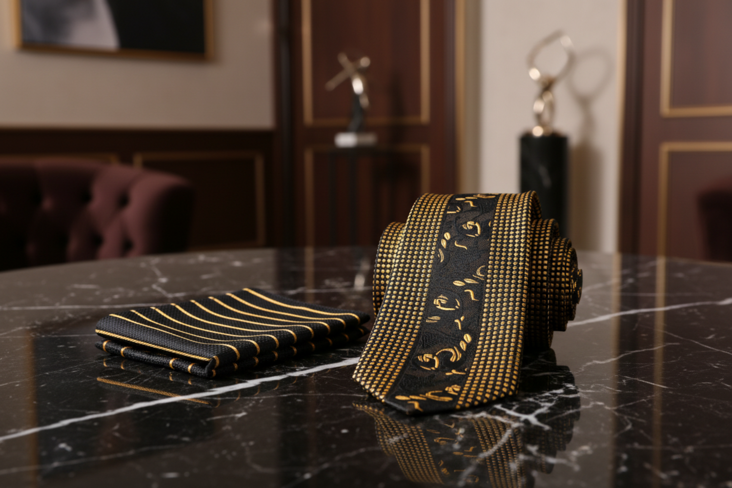 Alt View: Black & Gold Floral and Check Necktie with Black, Gold Stripe Square