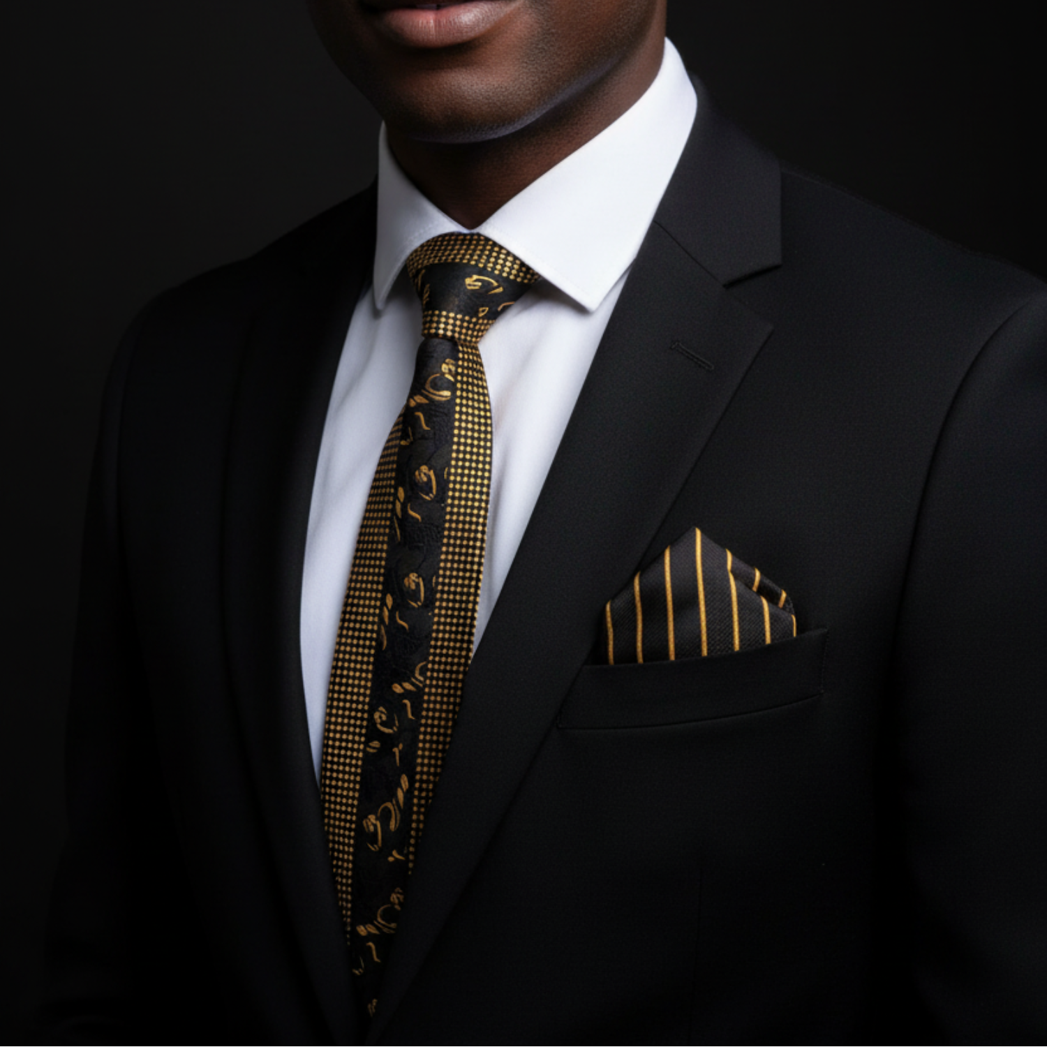 Man wearing a black suit with a gold patterned tie and pocket square against a dark background