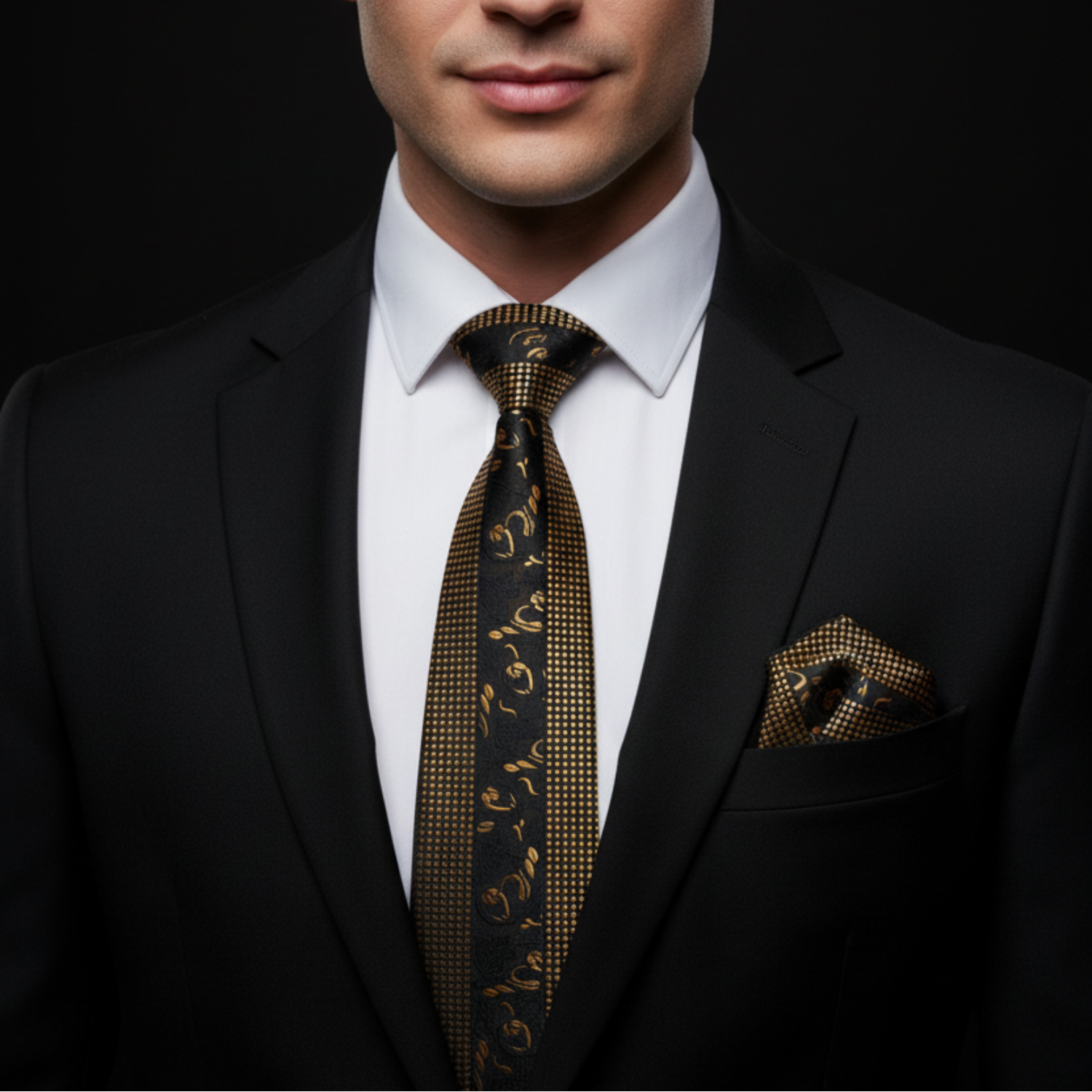 Man wearing a black suit with a gold tie and pocket square against a dark background