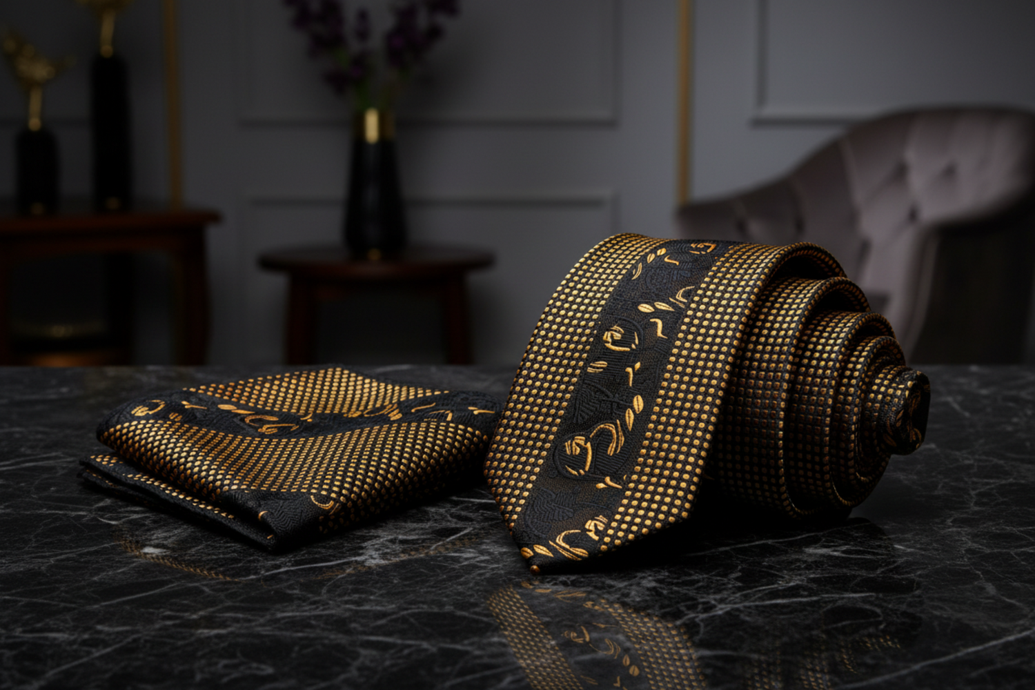 Alt View: Black & Gold Floral and Check Necktie with Matching Square