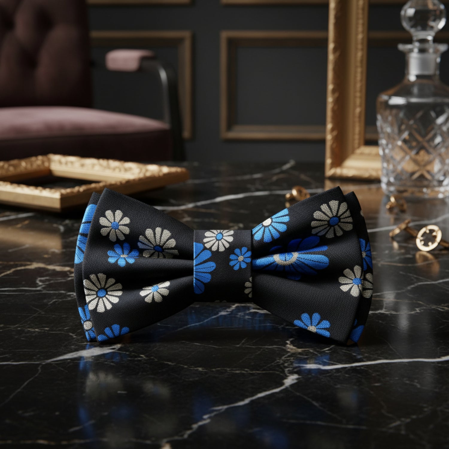 Black Blue Flower Pre Tied Bow Tie