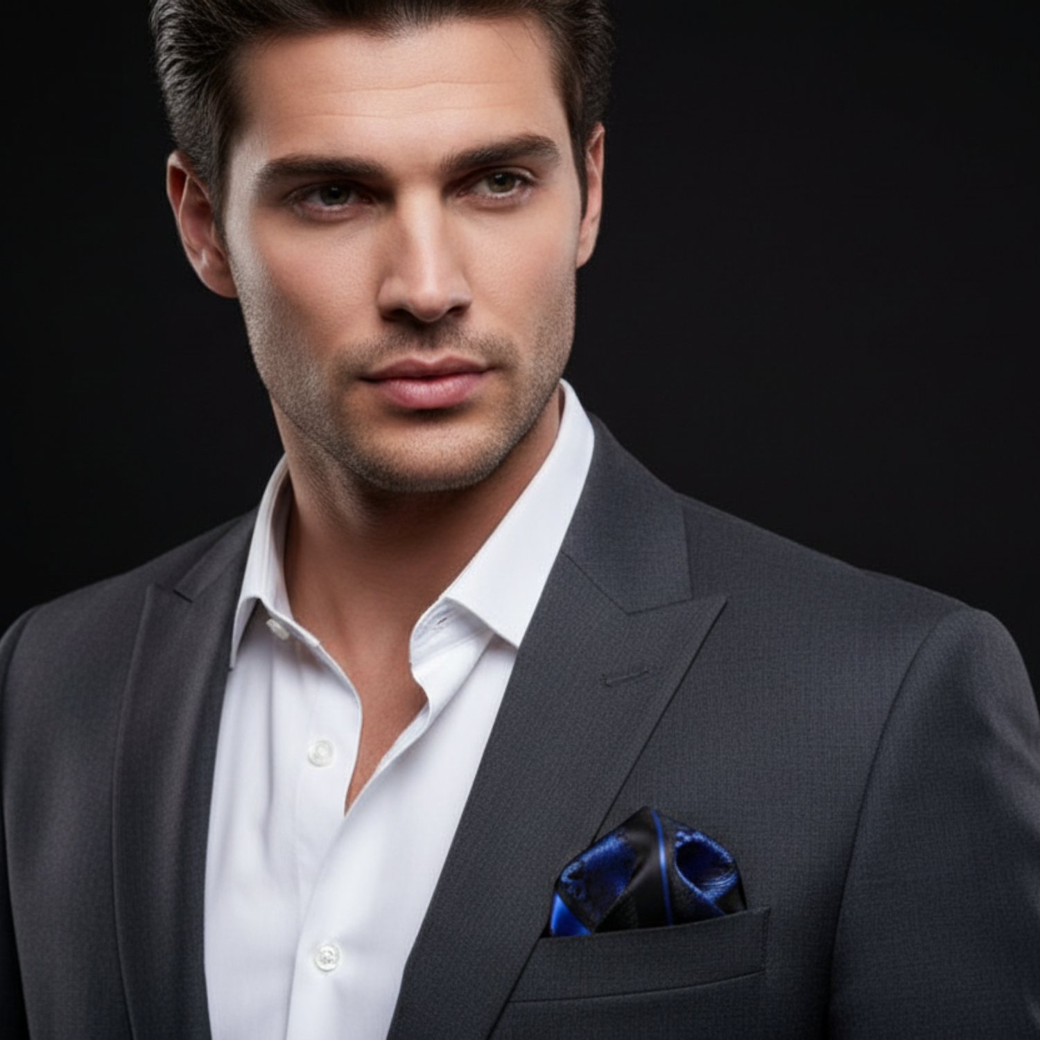 Man wearing a dark suit with a white shirt and blue pocket square on a black background