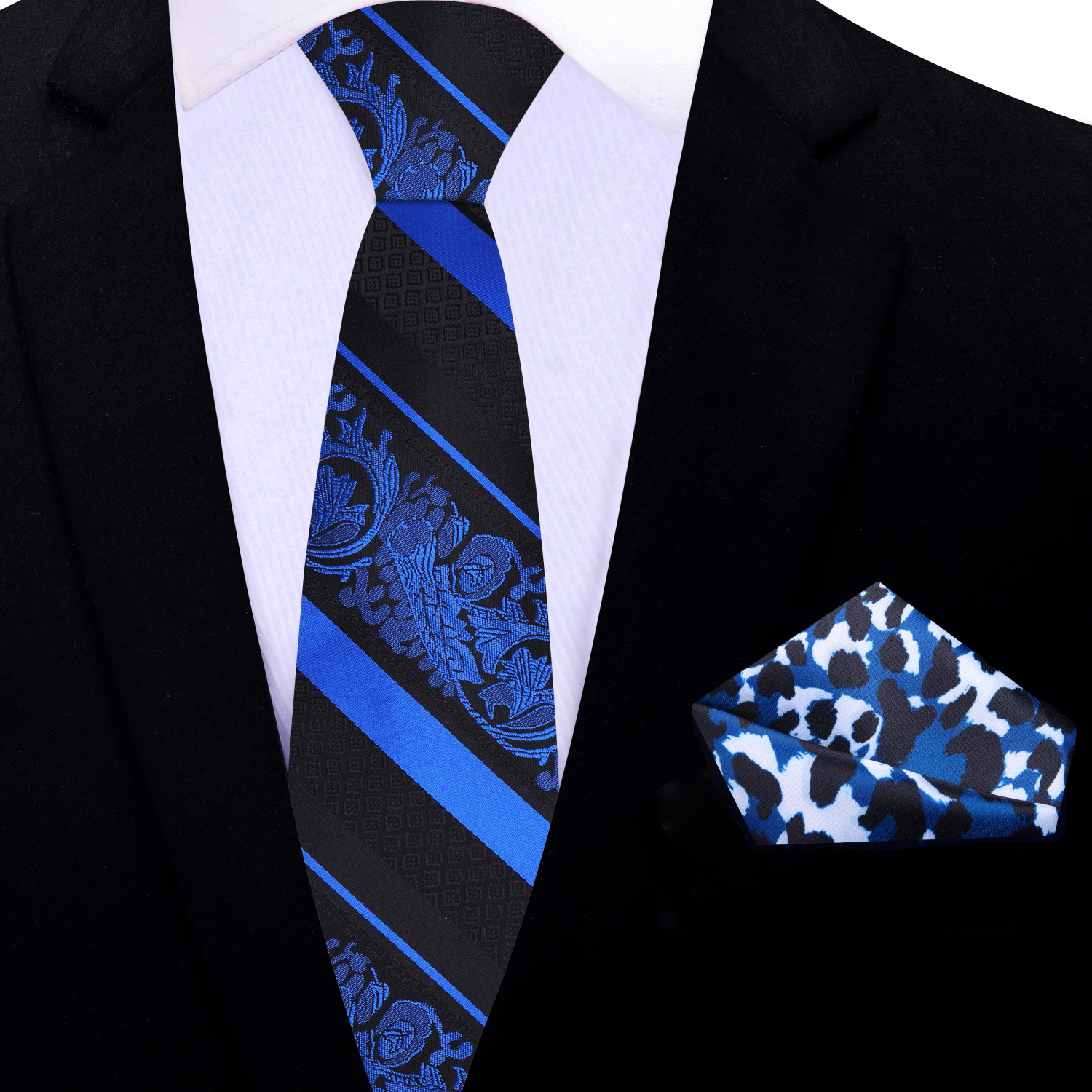 Thin Black, Blue Paisley Stripe necktie and Accenting Square