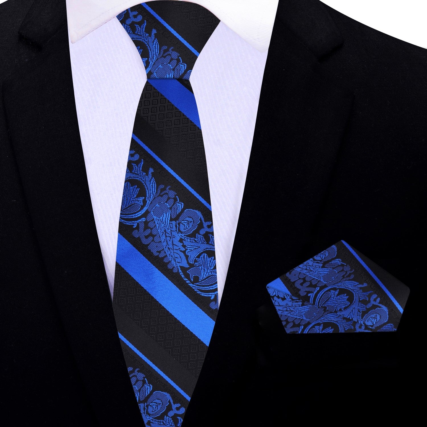 Black, Blue Paisley Stripe Thin necktie and Matching Square
