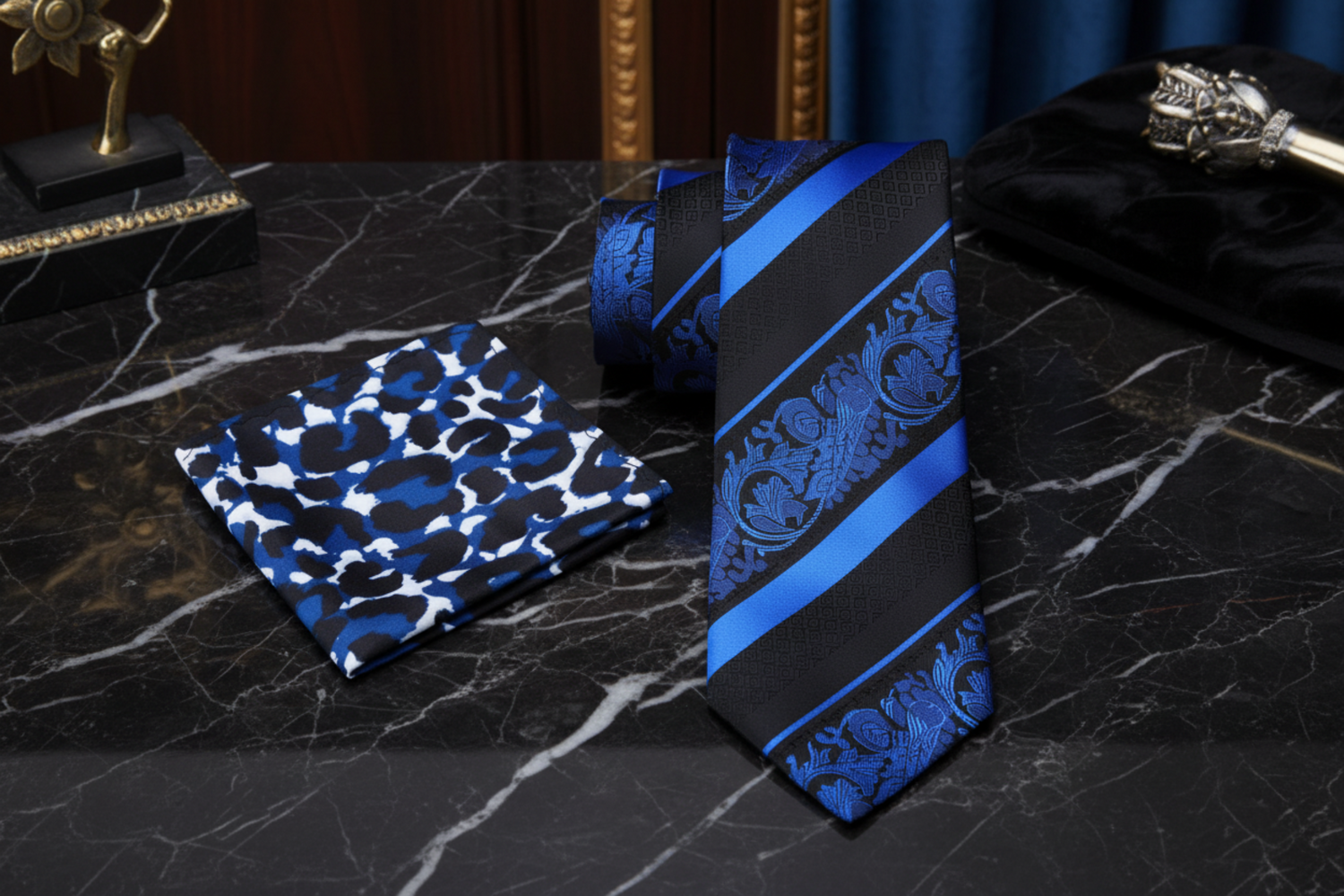 Alt Black, Blue Paisley Stripe necktie and Accenting Square