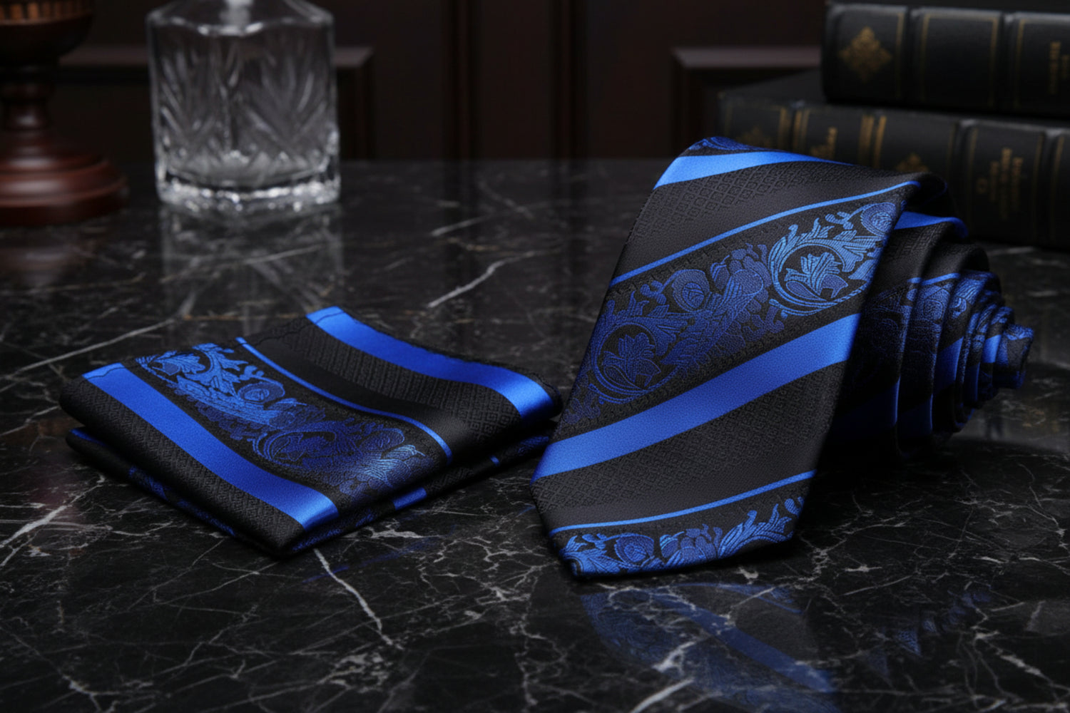 Alt Black, Blue Paisley Stripe necktie and Matching Square