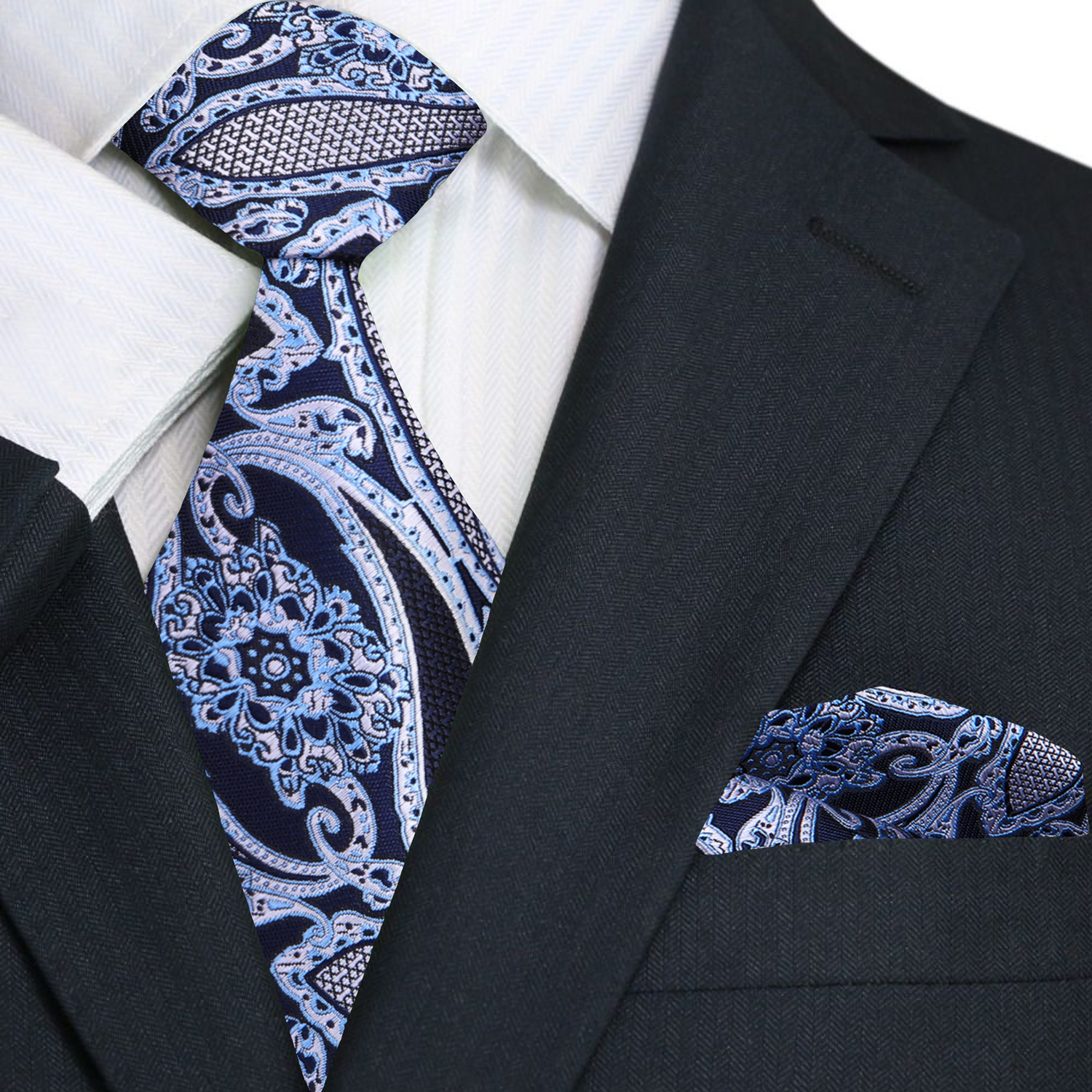A Black, Ice Blue, White Paisley Pattern Necktie, With Matching Pocket Square
