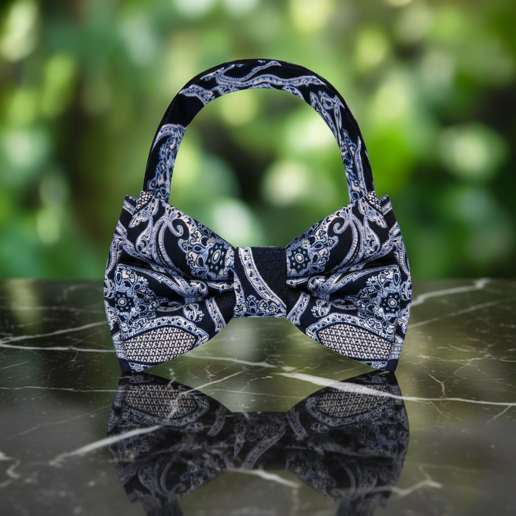 Pre Tied A Dark Blue, Ice Blue Detailed Paisley Pattern Bow Tie