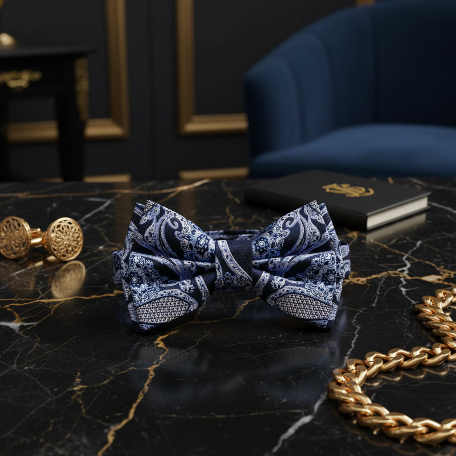 Black Blue Paisley pre tied bow
