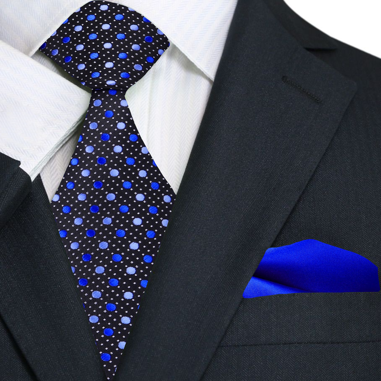Premium A Black, Blue, Light Grey Dots Pattern Necktie, Blue Pocket Square