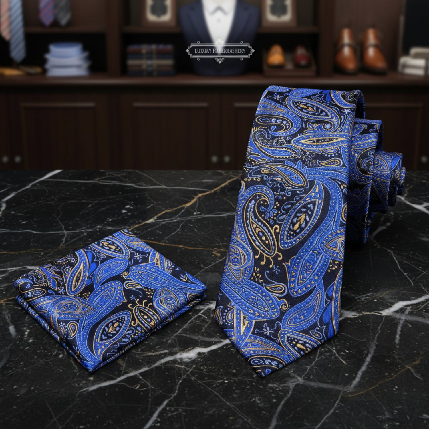 Blue and black paisley tie and pocket square set on a white background