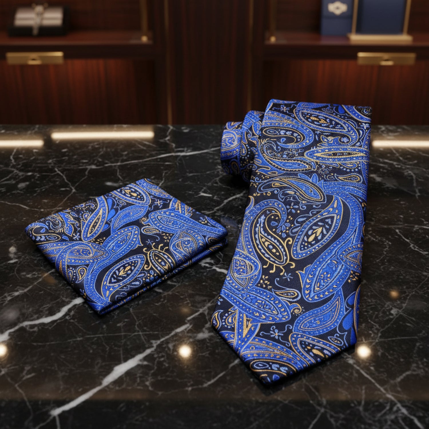 Blue and black paisley tie and pocket square set on a white background