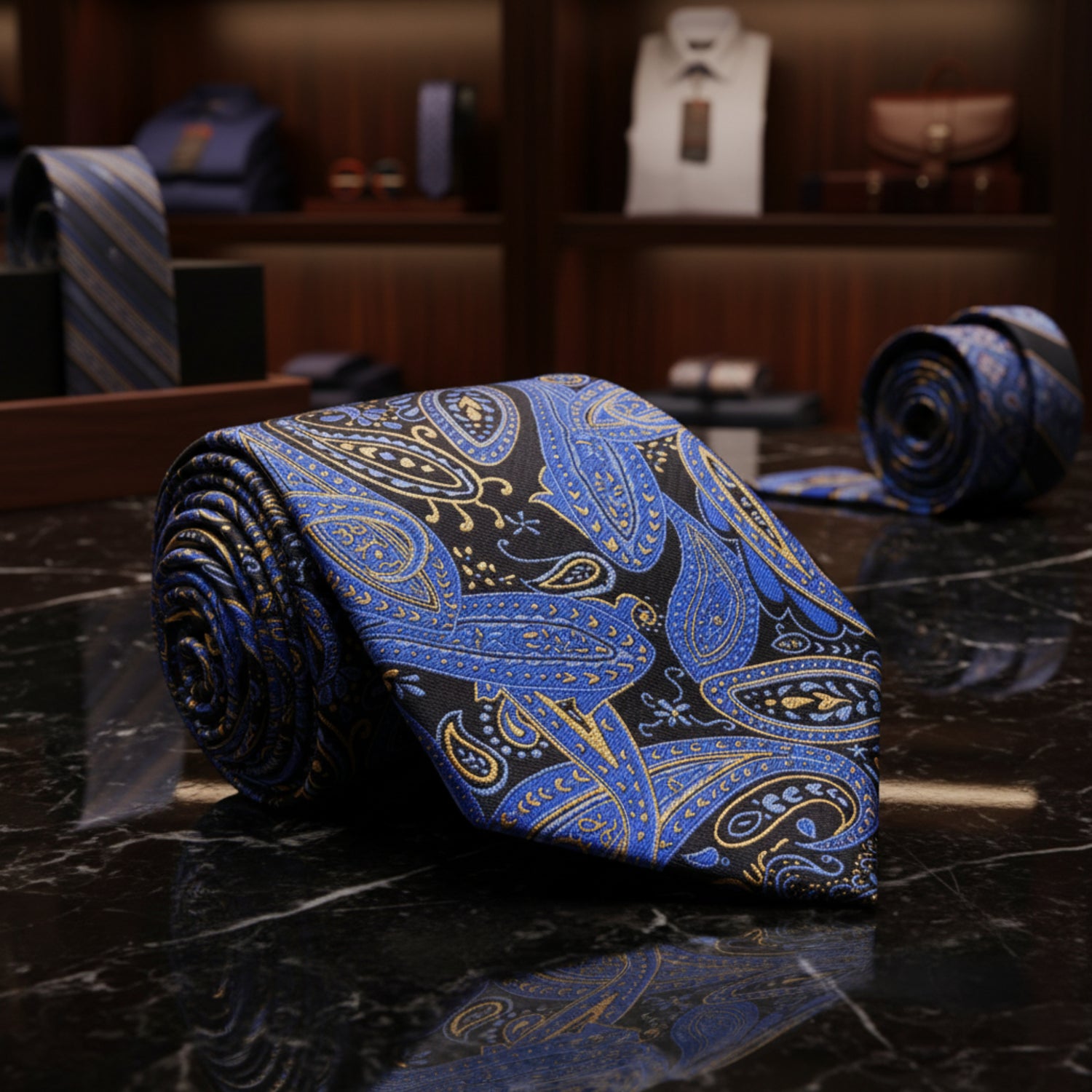 Blue and gold paisley patterned tie on a white background