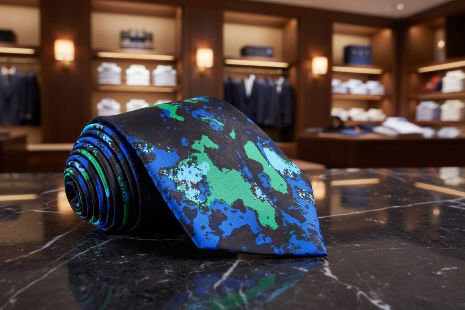 Black, Blue and Green Ink Blot Pattern Necktie  