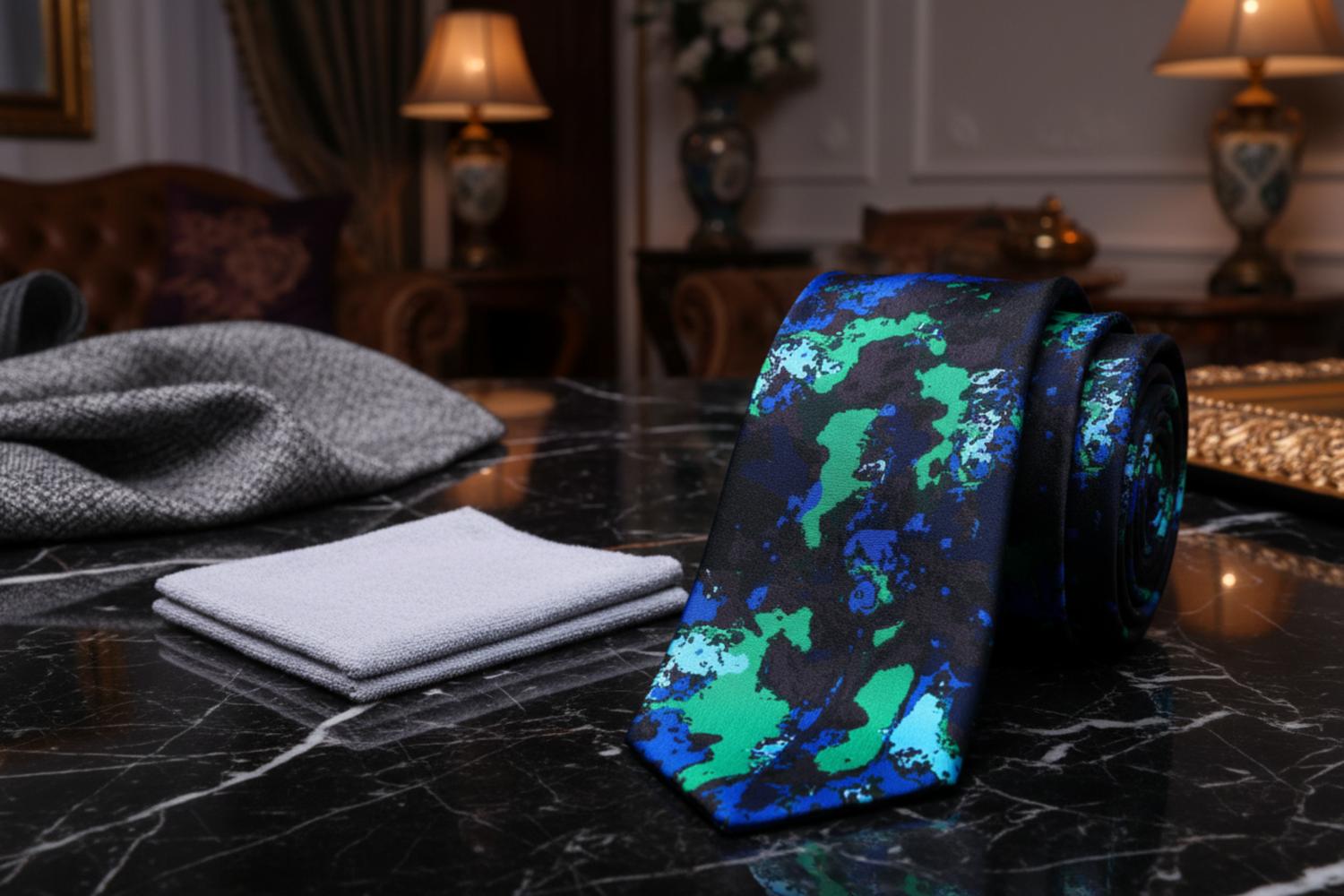 Alt View: Black, Blue and Green Ink Blot Pattern Necktie and Silver Pocket Square